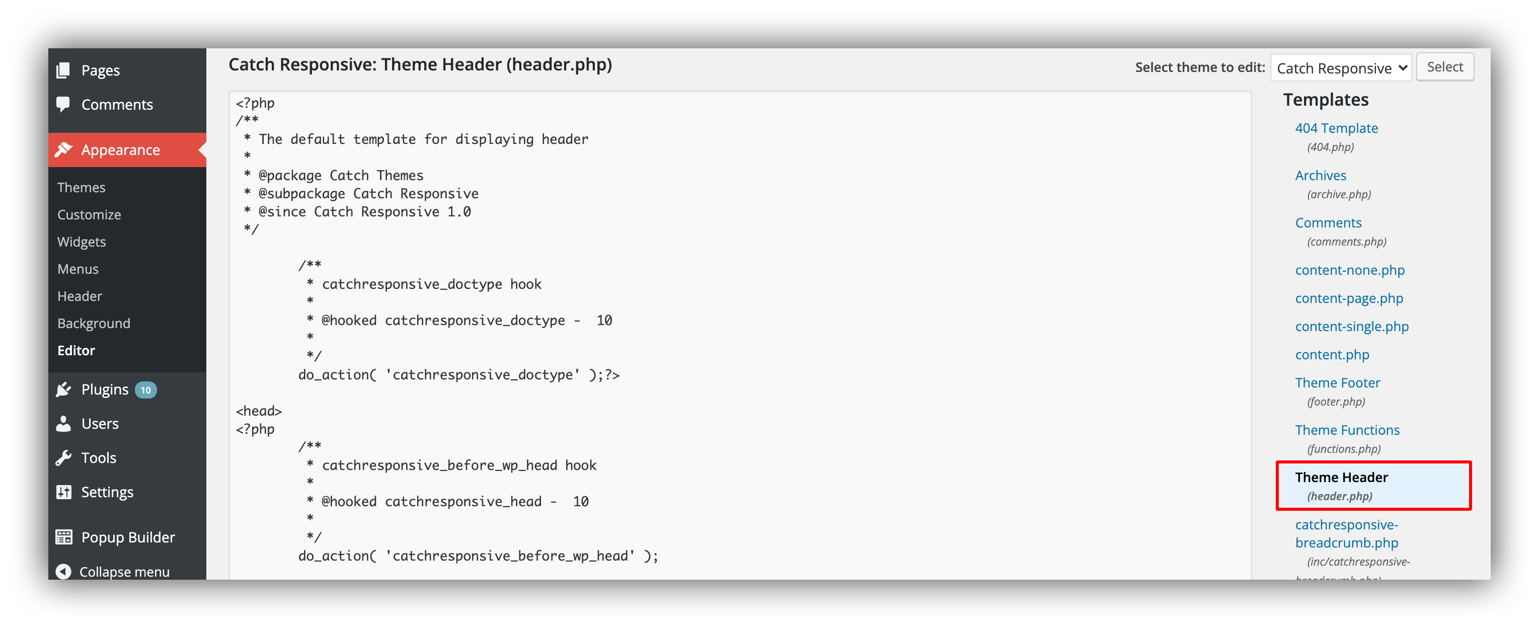 locating the header file of the wordpress site